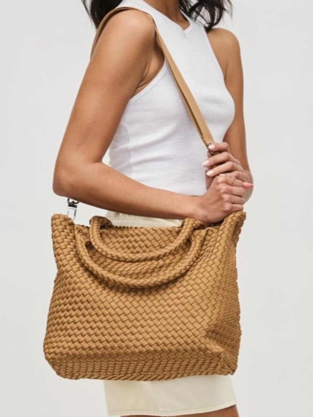 Sol and Selene Sky's The Limit Medium Tote Neoprene Tan Sand Crossbody Bag - Picture 5 of 8